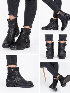 London Underground Y2K Grunge Moto Biker Boots Black Leather Buckle Women’s 10